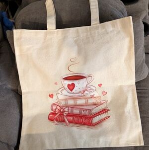 Cream Tote Bag with Red Heart and Books Design